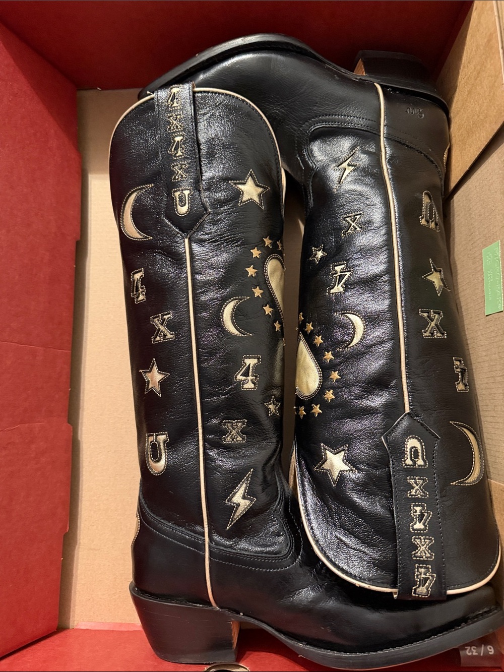 Golden West ( Lainey Wilson)  Black Leather Heeled Boots with Gold Moon & Star